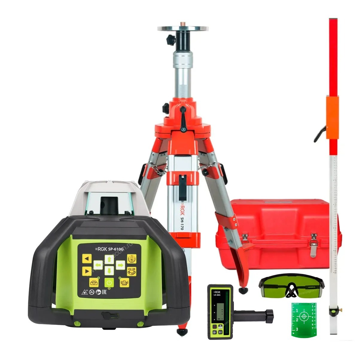 Комплект: ротационный нивелир RGK SP-610G с калибровкой + штатив RGK SH-170 рейка RGK LR-2 — изображение 6