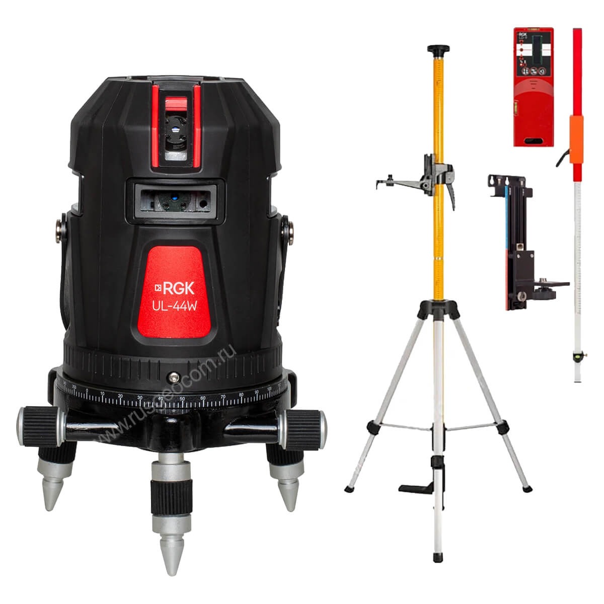 Комплект: лазерный уровень RGK UL-44W Black с калибровкой + штанга-упор приемник рейка кро...