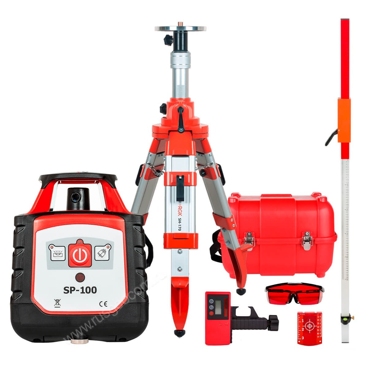 Комплект: ротационный нивелир RGK SP-100 с калибровкой + штатив RGK SH-170 рейка RGK LR-2 — изображение 6