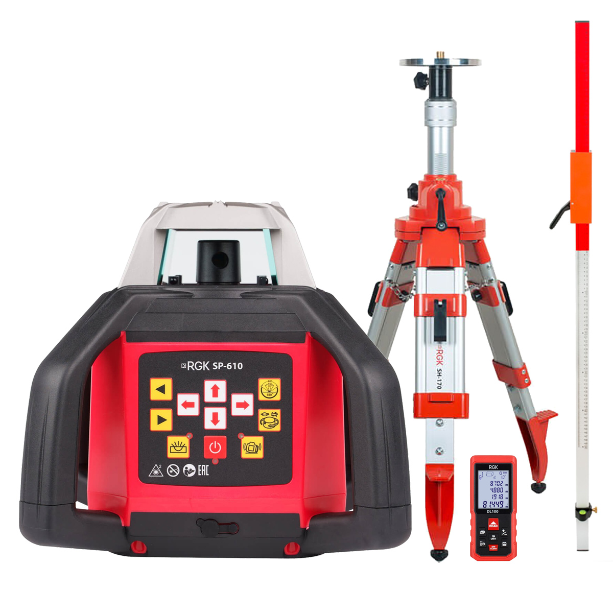 Комплект: ротационный нивелир RGK SP-610 + элевационный штатив RGK SH-170 + рейка RGK LR-2...