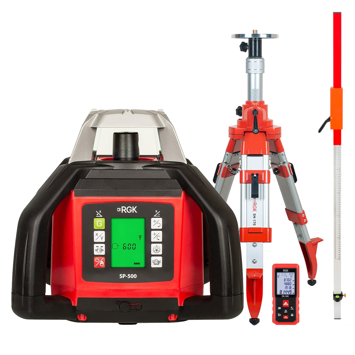 Комплект: ротационный нивелир RGK SP-500 + элевационный штатив RGK SH-170 + рейка RGK LR-2...