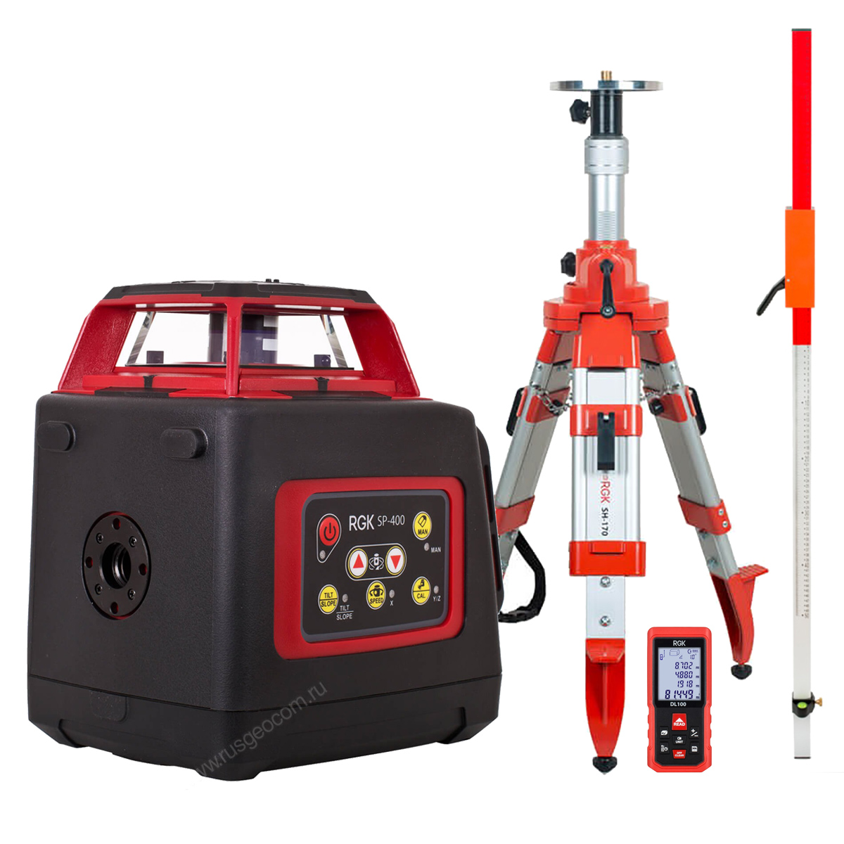 Комплект: ротационный нивелир RGK SP-400 + элевационный штатив RGK SH-170 + рейка RGK LR-2...