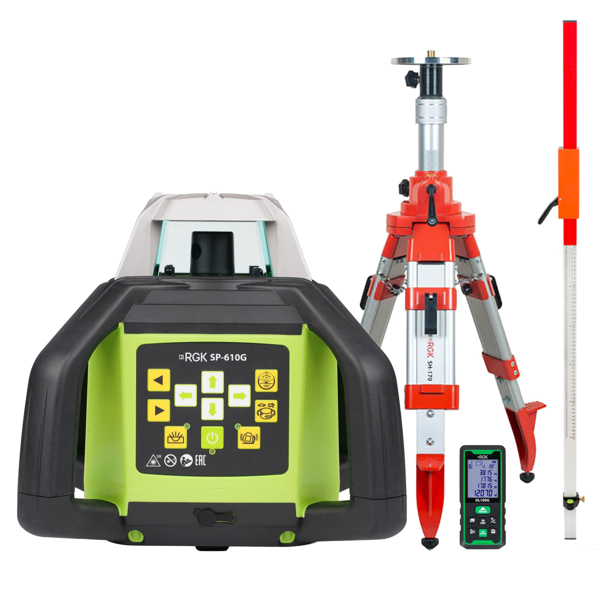 Комплект: ротационный нивелир RGK SP-610G + элевационный штатив RGK SH-170 + рейка RGK LR-...