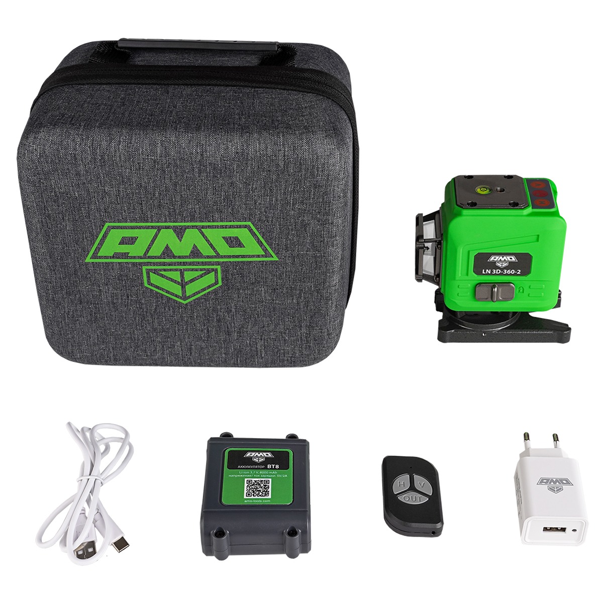 Лазерный уровень AMO LN 3D-360-2 с калибровкой с зеленым лучом — изображение 6