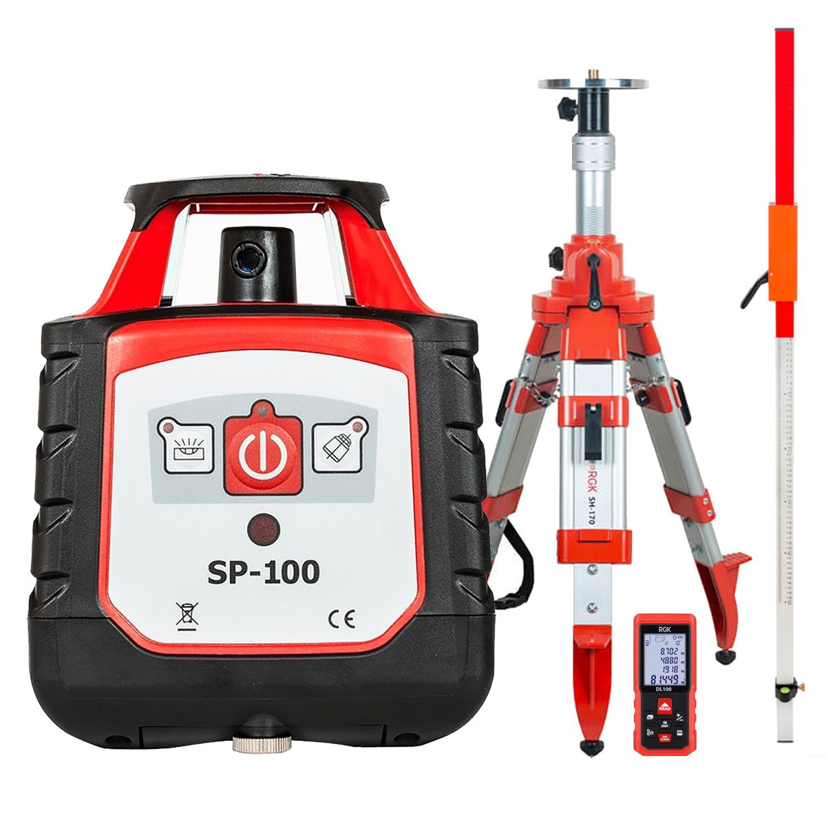 Комплект: ротационный нивелир RGK SP-100 + элевационный штатив RGK SH-170 + рейка RGK LR-2...