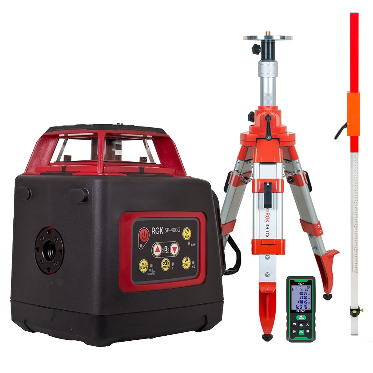Комплект: ротационный нивелир RGK SP-400G с калибровкой + элевационный штатив RGK SH-170 +...