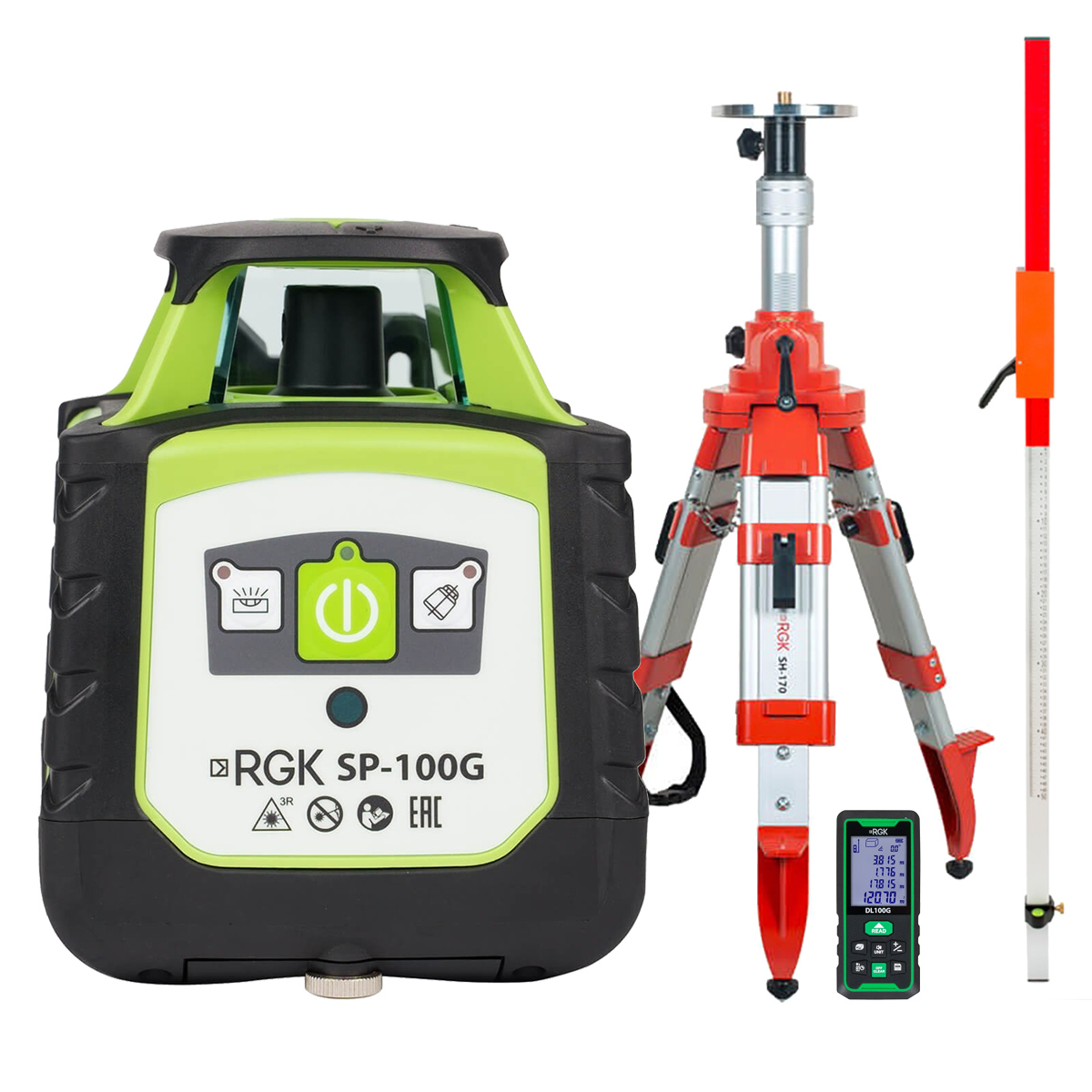 Комплект: ротационный нивелир RGK SP-100G + элевационный штатив RGK SH-170 + рейка RGK LR-...