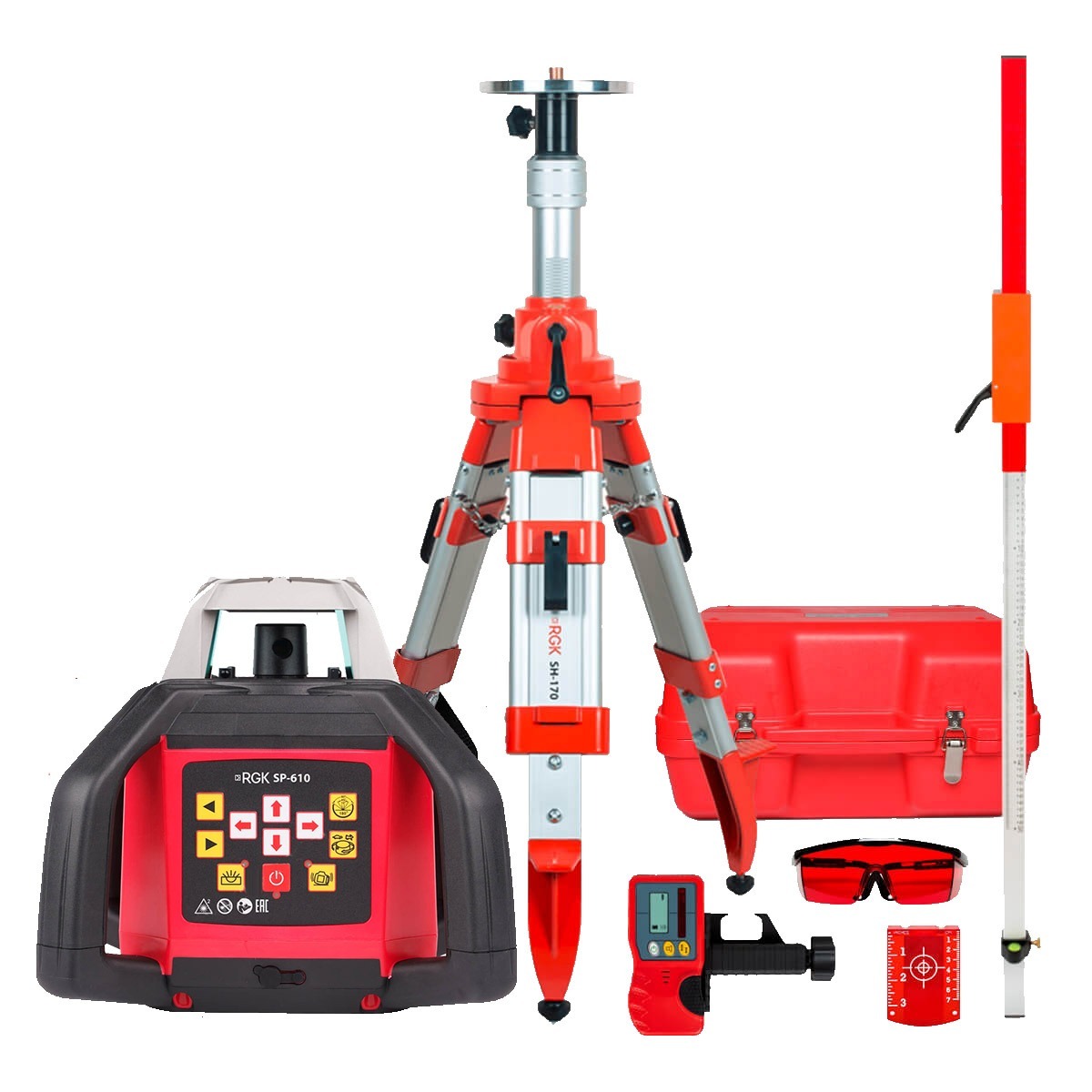 Комплект: ротационный нивелир RGK SP-610 с калибровкой + штатив RGK SH-170 рейка RGK LR-2 — изображение 6
